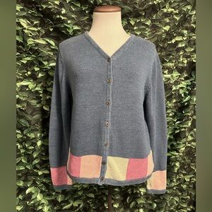 Christopher Cardigan Knit Sweater Blue Patchwork Pattern Womens Med